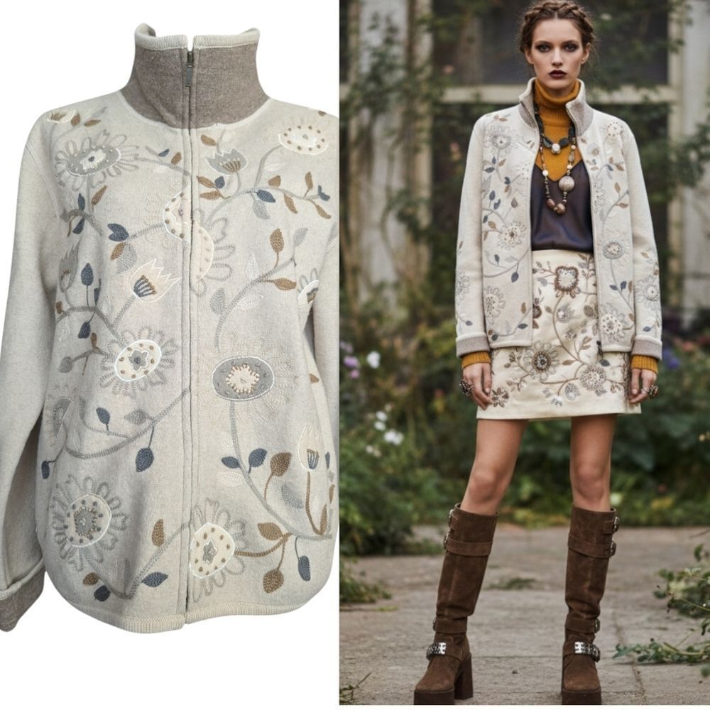 Unique Oatmeal Embroidered Floral  Applique Wool Zipper Cardigan W Pockets M